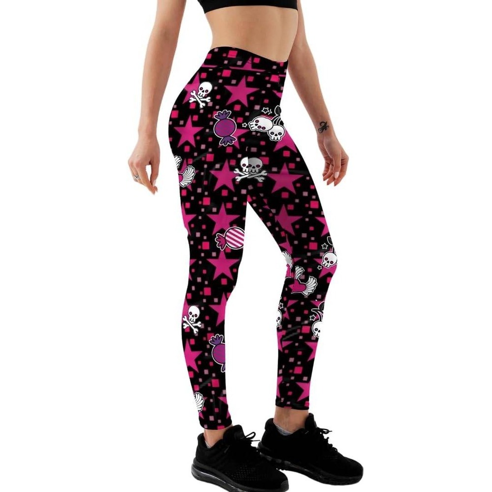 Pink Star Skull Candy Leggings Fun Print Festival Rave Party Halloween Costume M
